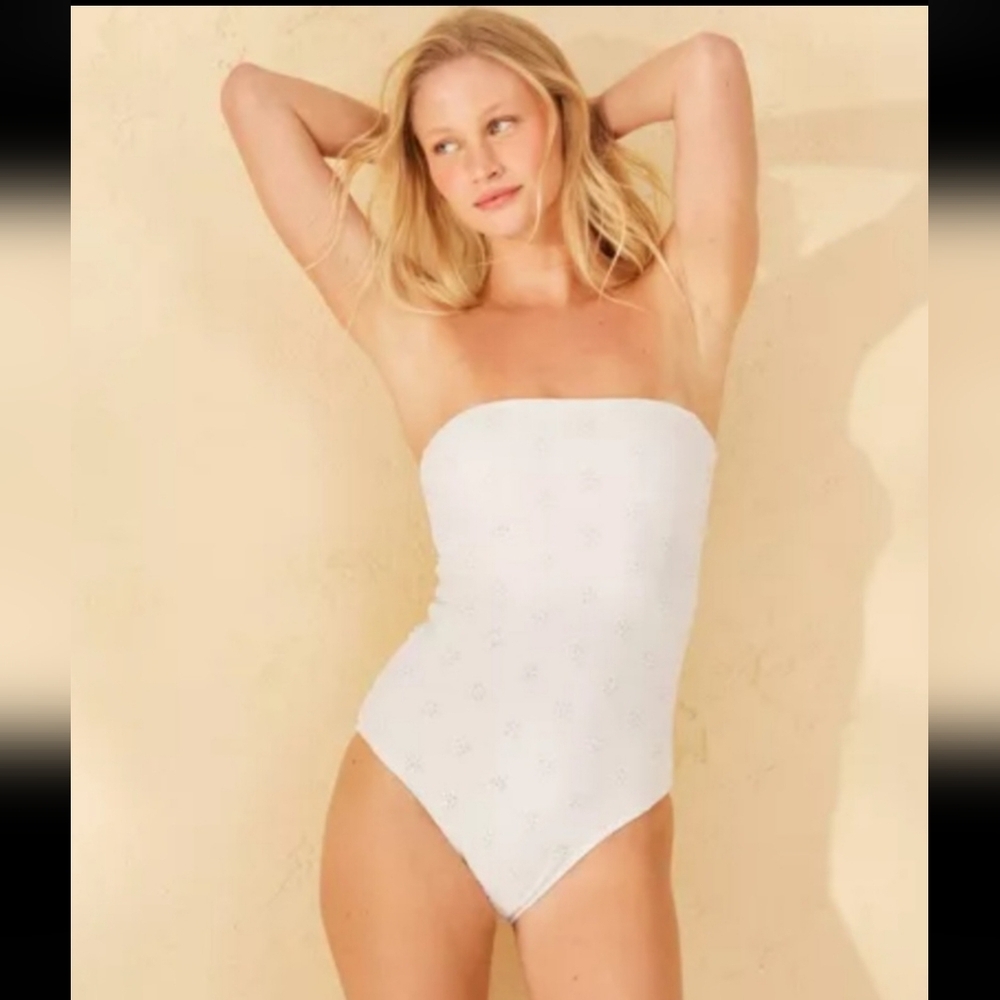 Women's Eyelet Bandeau High Leg Cheeky One Piece Swimsuit- Shade & Shore M